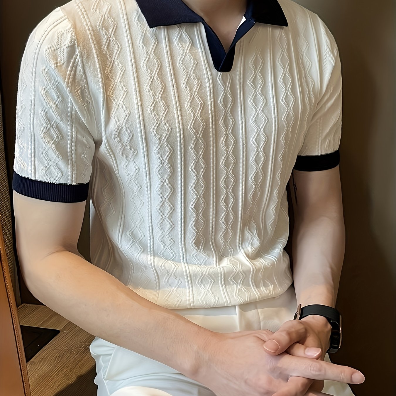 E-shop Herren Sommer Slim Fit Kontrastkragen Kurzarm Strickpullover – Leichtes, Atmungsaktives Casual Pullover für Büro & gesellschaftliche Anlässe,
