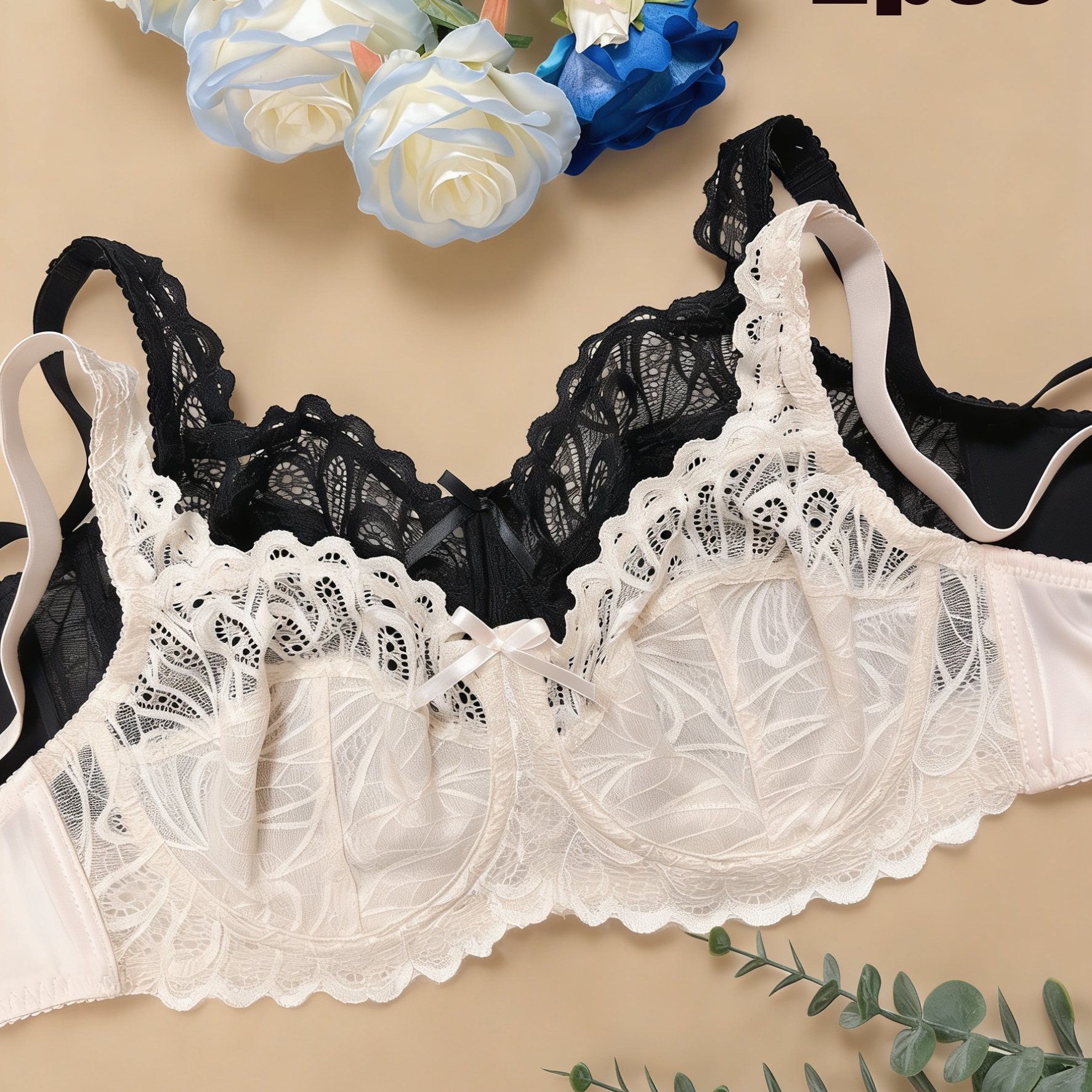 Image of 2pcs Women's Plus Size Sexy Lace Bra, Ultra- Breathable Lace Non-padded Underwire Push-up Bra, Suitable For Daily Wear And Special Occasions, For Her