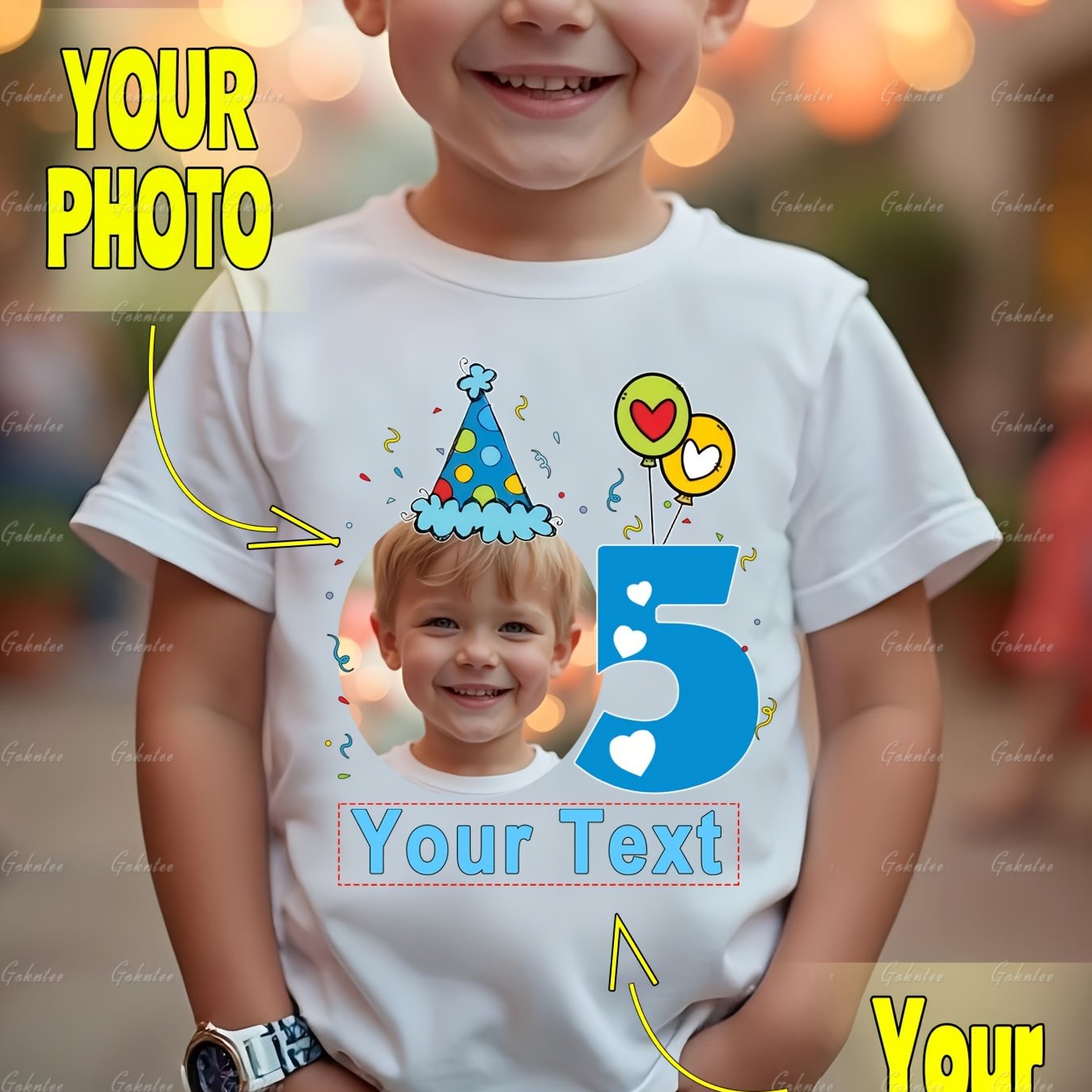 E-shop Personalisiertes Geburtstags-/Text-Design Custom T-Shirt für 1-8 Jahre, Herz-Zahlen-Ballon-Geburtstagshut--Foto Custom Kreativdruck, modisches