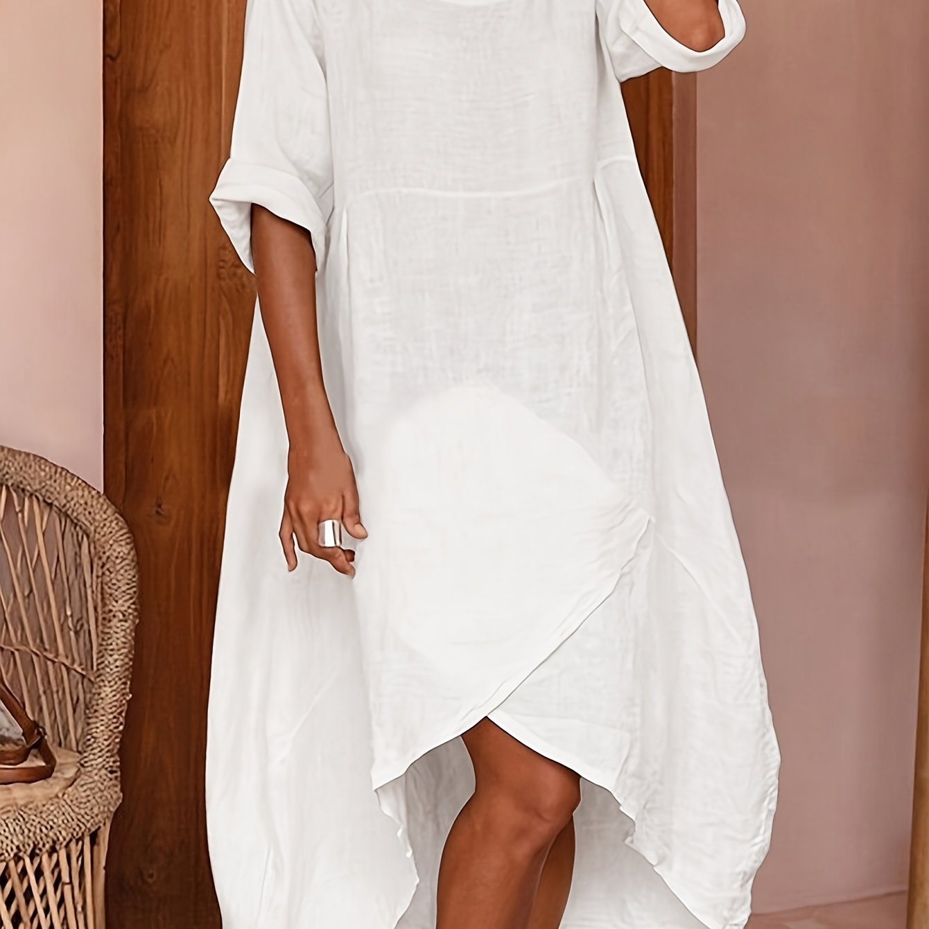 Loose Solid Color Round Neck Mid-sleeve Bud-shaped Dress