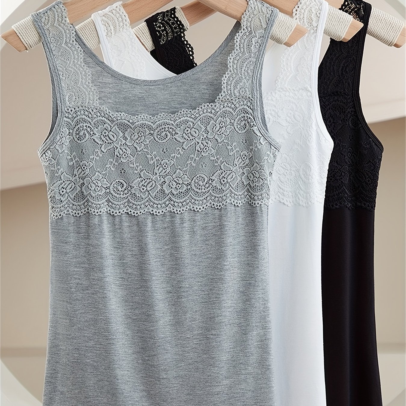 Image of 3pcs Easy Solid Contrast Lace Tank Top, All-match Vest Top, Women's Lingerie And Underwear