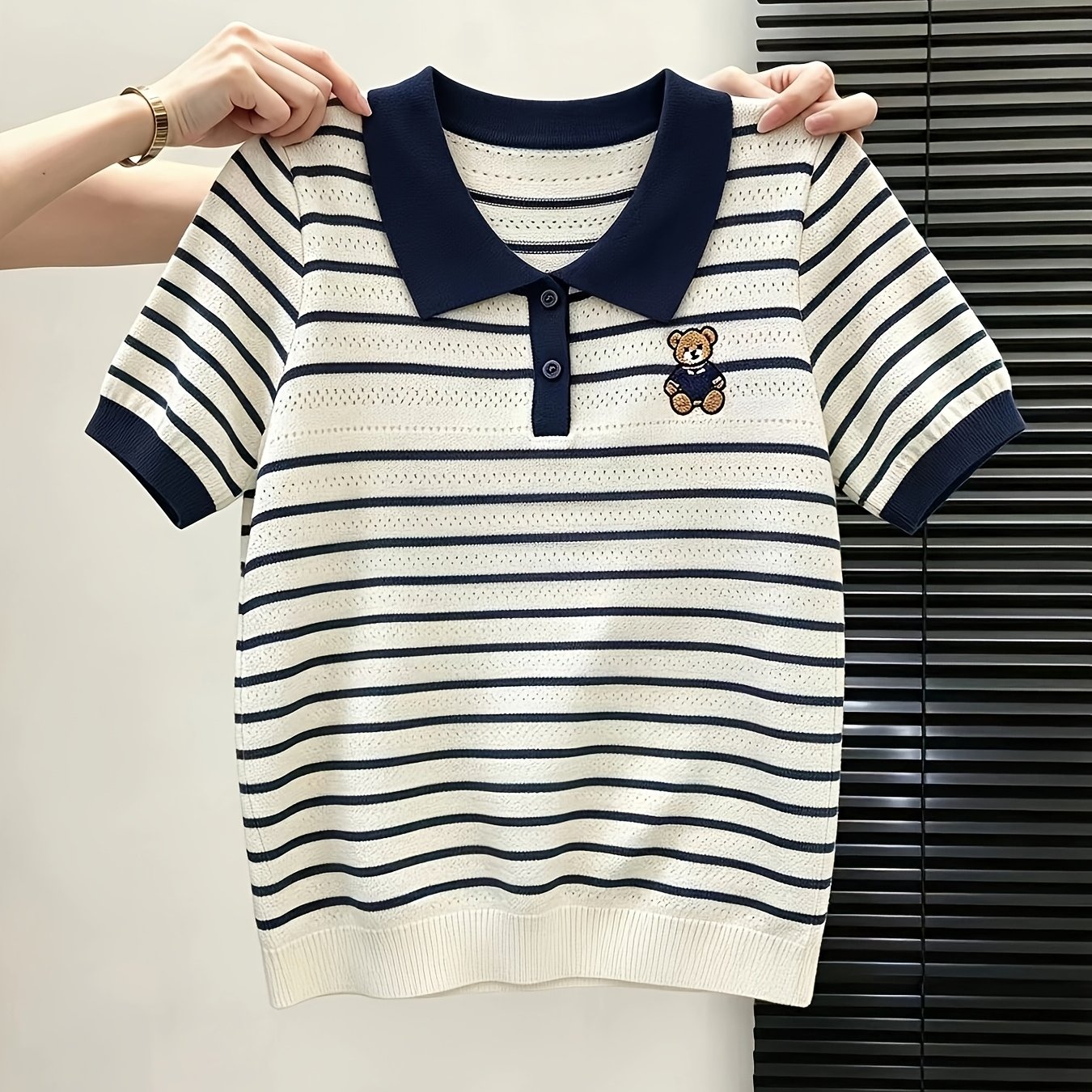 TEMU Striped Color-block Hollow Bear Embroidery Top 2026 New Style Elegant Versatile Upper Garment