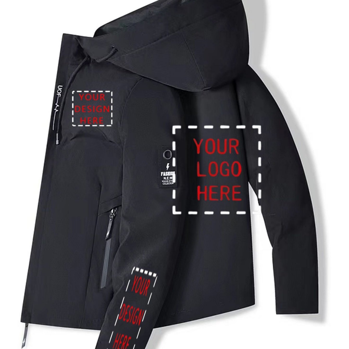 TEMU Custom Men's Jacket - Personalized Text/pattern Print With Zipper Pockets Beach Coat, Full-zip Windproof Outerwear, Heat Transfer Craft