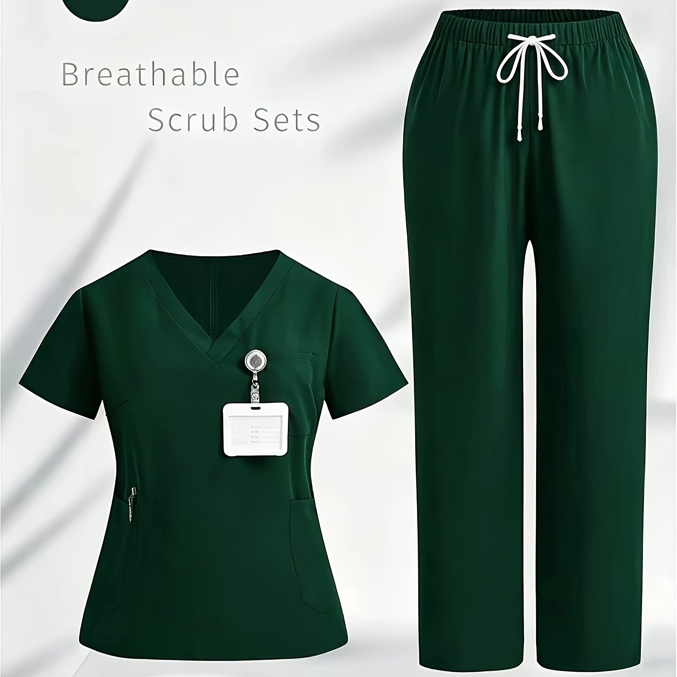 TEMU 2pcs V-neck Solid Color Split Hand-washing Gown, Women' Workwear, Nurse Short-sleeve Work Uniform, 2pcs Casual Workwear Set For Women,