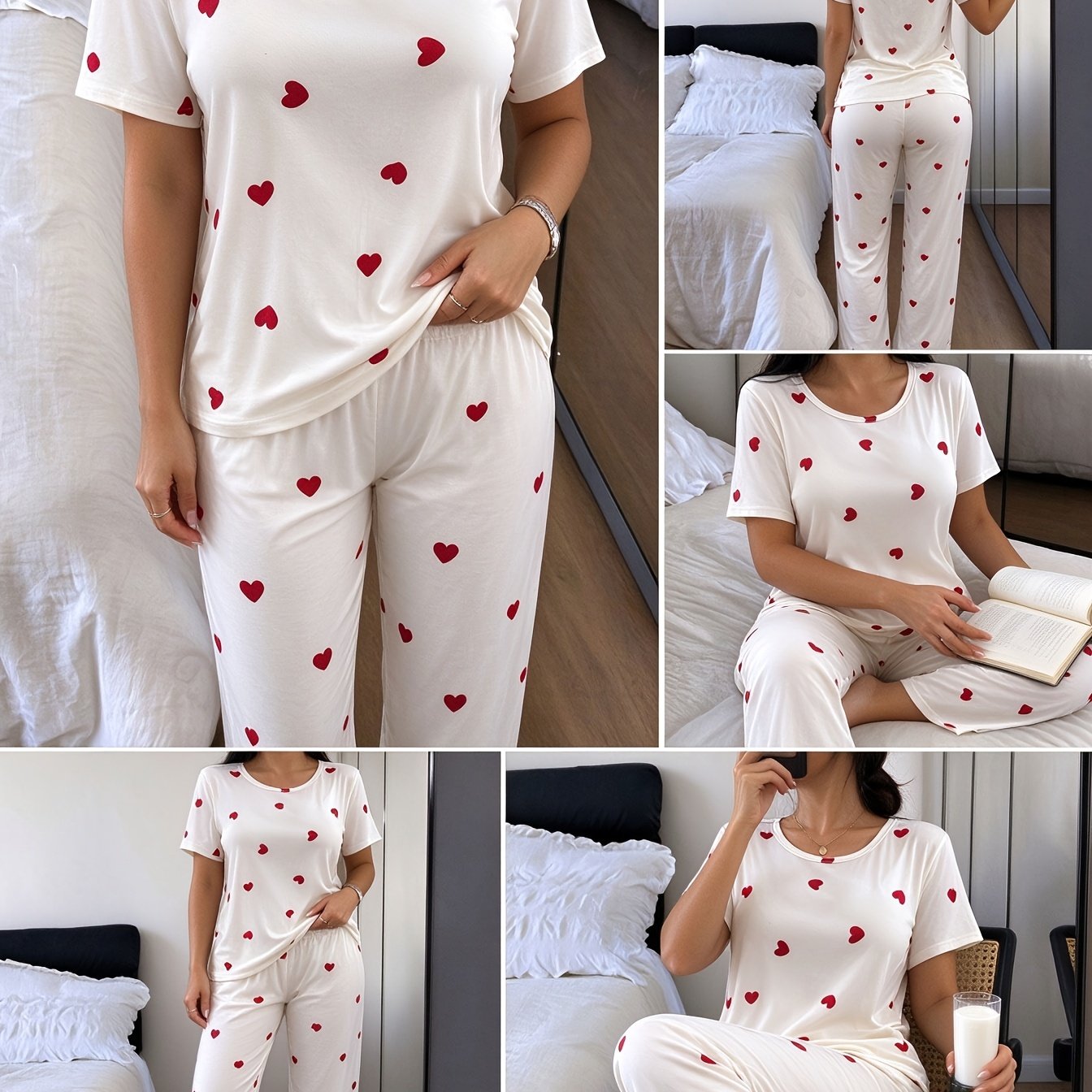 TEMU Descuentos Especiales en Artículos para Otoño e Invierno: Conjunto de Pijama de Manga Corta para Mujer con Estampado de Corazones, Pantalones