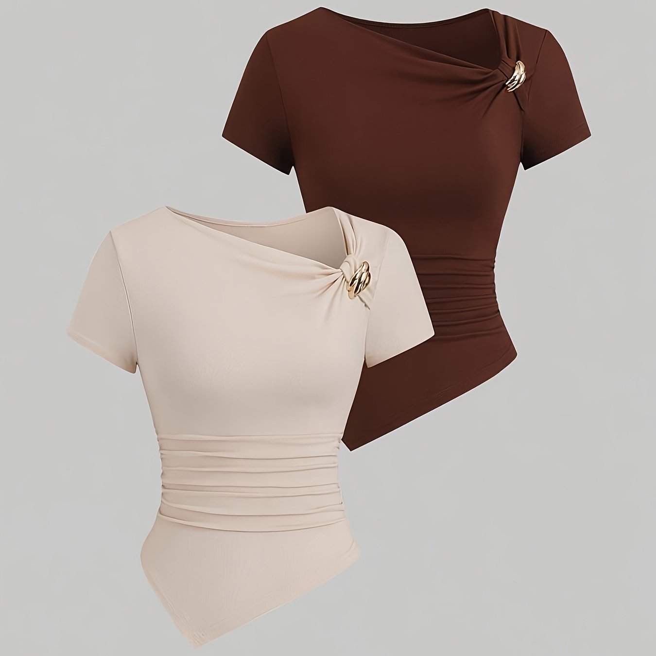 TEMU 2pcs Women's Elegant Slim-fit Pleated Blouses - Short-sleeve Summer Tops With Vertical Design, Medium Elasticity Solid Color Shirts (machine