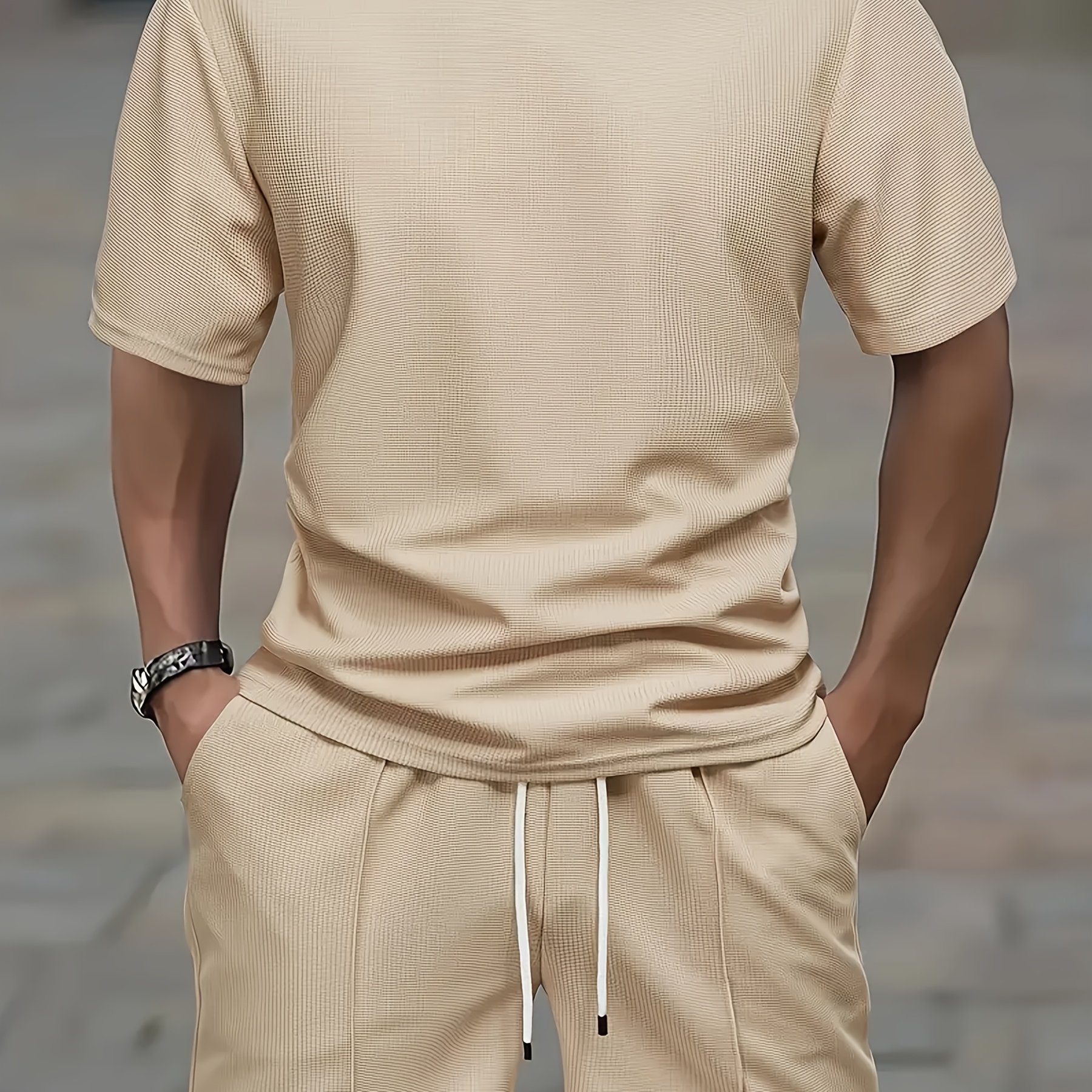 2pcs Men's Casual Sports Suit With Waffle Round Neck T-shirt And Cropped Pants