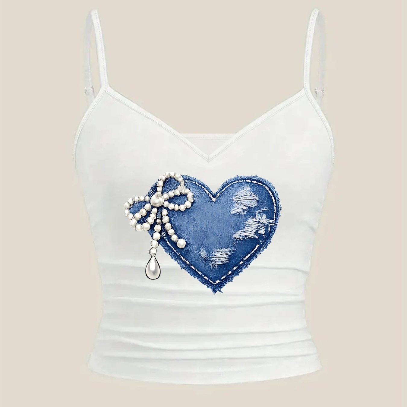 TEMU Vest, Denim Heart, Pearl Bow Print V-neck Vest Women's Casual Top - Women's Apparel, Summer And Spring, Women's Clothing