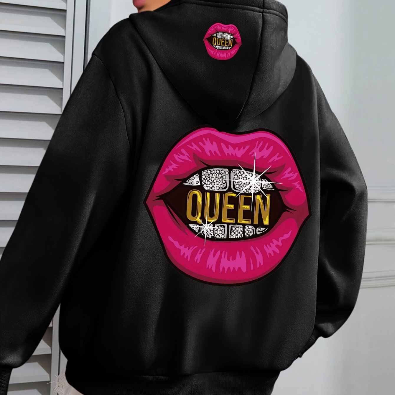 TEMU Chic Queen Hoodie For Women - Cozy Polyester Pullover With Kangaroo Pocket, Casual Long Sleeve Sweatshirt, Machine Washable, Perfect For Fall &