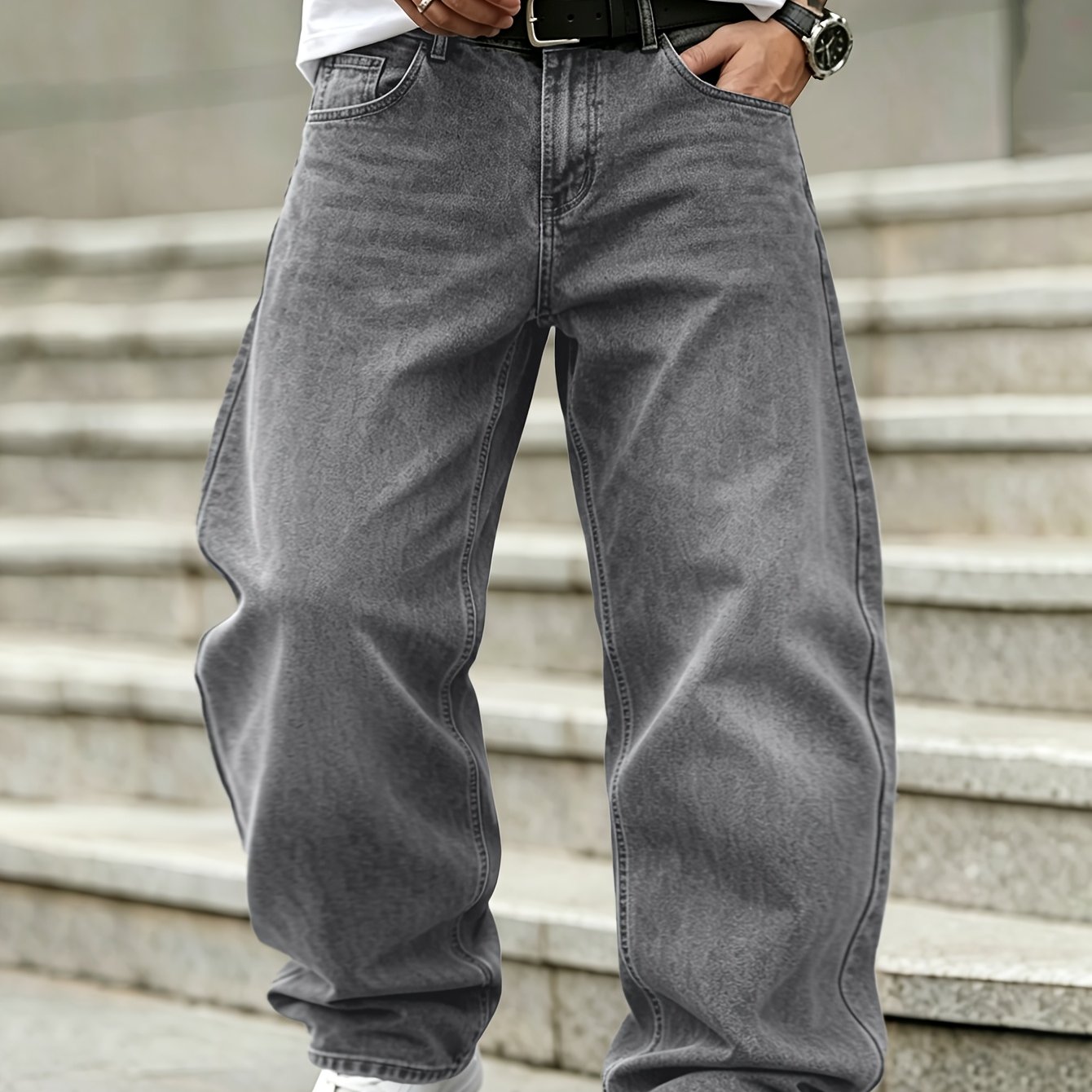 Image of Men's Baggy Wide Leg Jeans, Light Gray Washed Non-stretch Denim Pants With Multi Pockets For Casual Daily Wear, Autumn Menswear