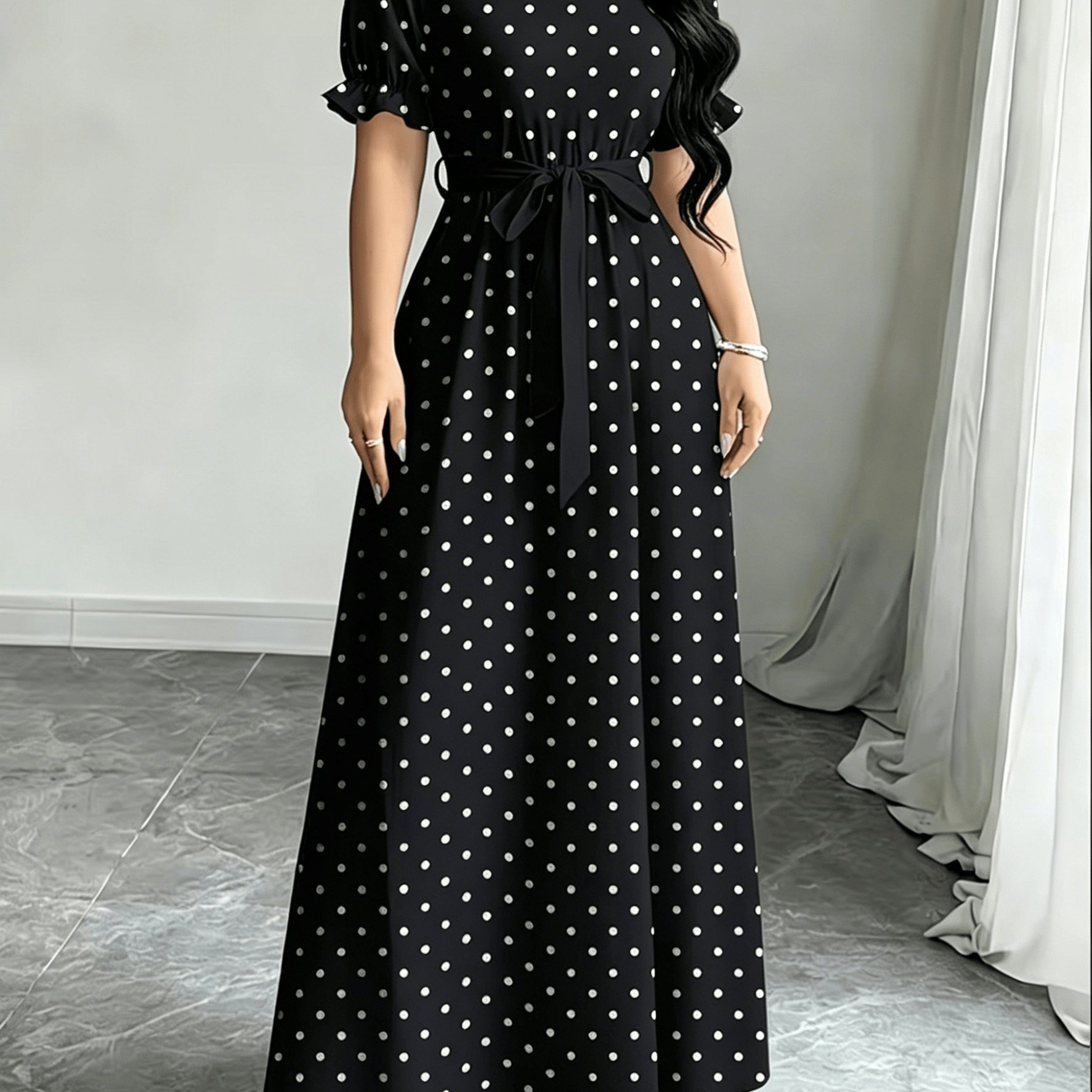 TEMU Women's Polka Dot Printed Round Neck Casual Belted Dress, Summer Short Sleeve Dress