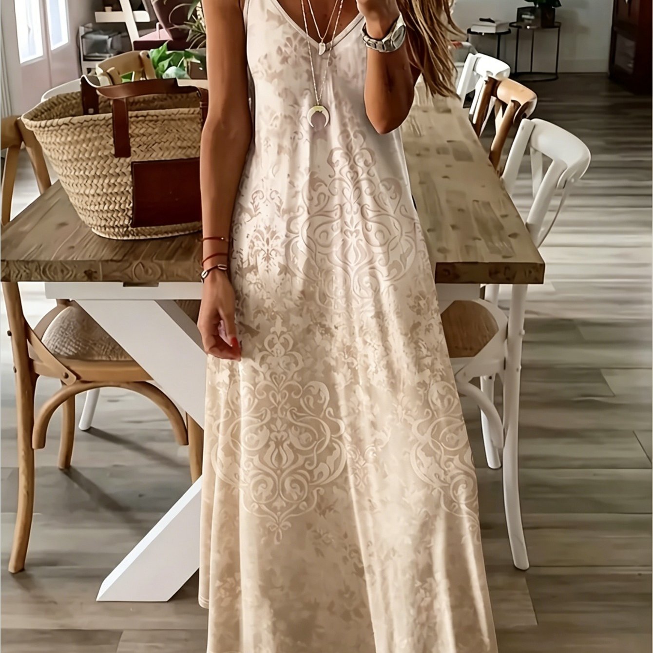 Plus Size, Large Size Elegant Gradual Change Pattern Dress Women, Loose And Thin V-neck Sleeveless Long Dress, Casual Suspender Vest Dress, Seaside Vacation Comfortable Suspender Dress, Is For Her
