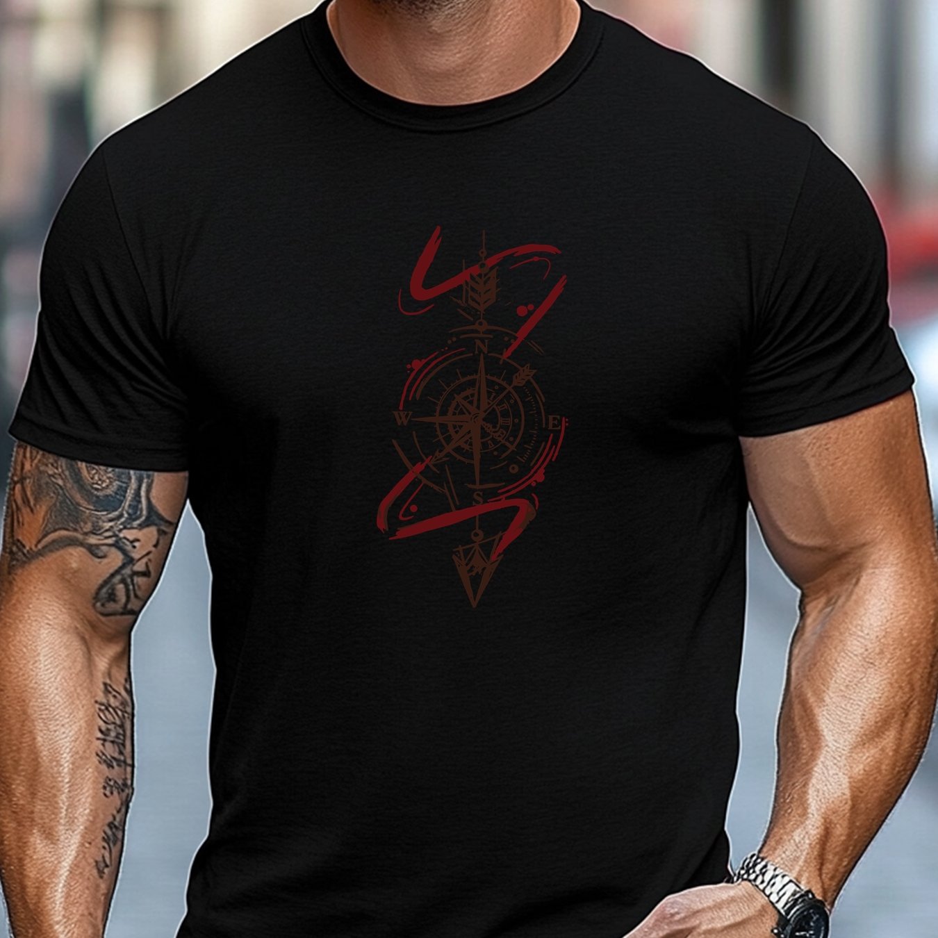 Plus-size Men's T-shirt, Comfortable And Versatile, Easy Yet Stylish, Featuring A Hand-drawn Compass Design For A Casual With A Round Neck, Plus Size