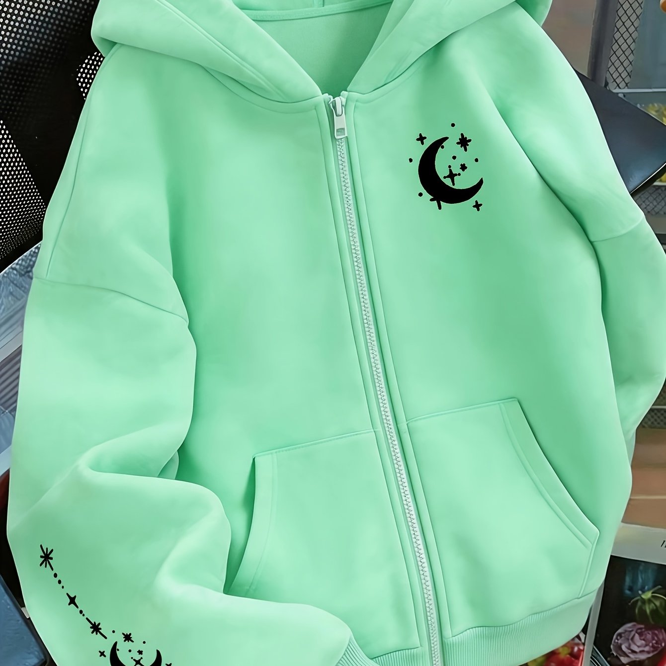 TEMU Artistic Moon Pattern Print - Y2k Zip-up Hoodie - Fashionable And Comfortable Zip-up Jacket, Suitable For Casual Sportswear, Casual Sportswear