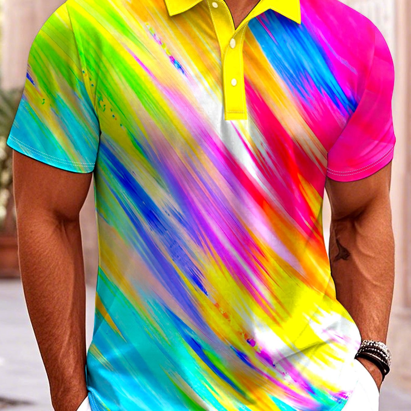 TEMU Men's Printed Short-sleeve Shirt - Casual Semi-formal Wear, Washable Summer Outdoor Sportswear