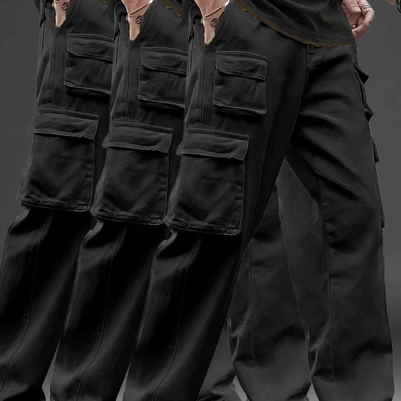 Image of 3pcs Men's Multi-pocket Cargo Pants: Features A Trendy Loose Fit And , Making Them Versatile Casual Work Pants Perfect For Outdoor Sports, Daily Wear, Travel, And Other Occasions.