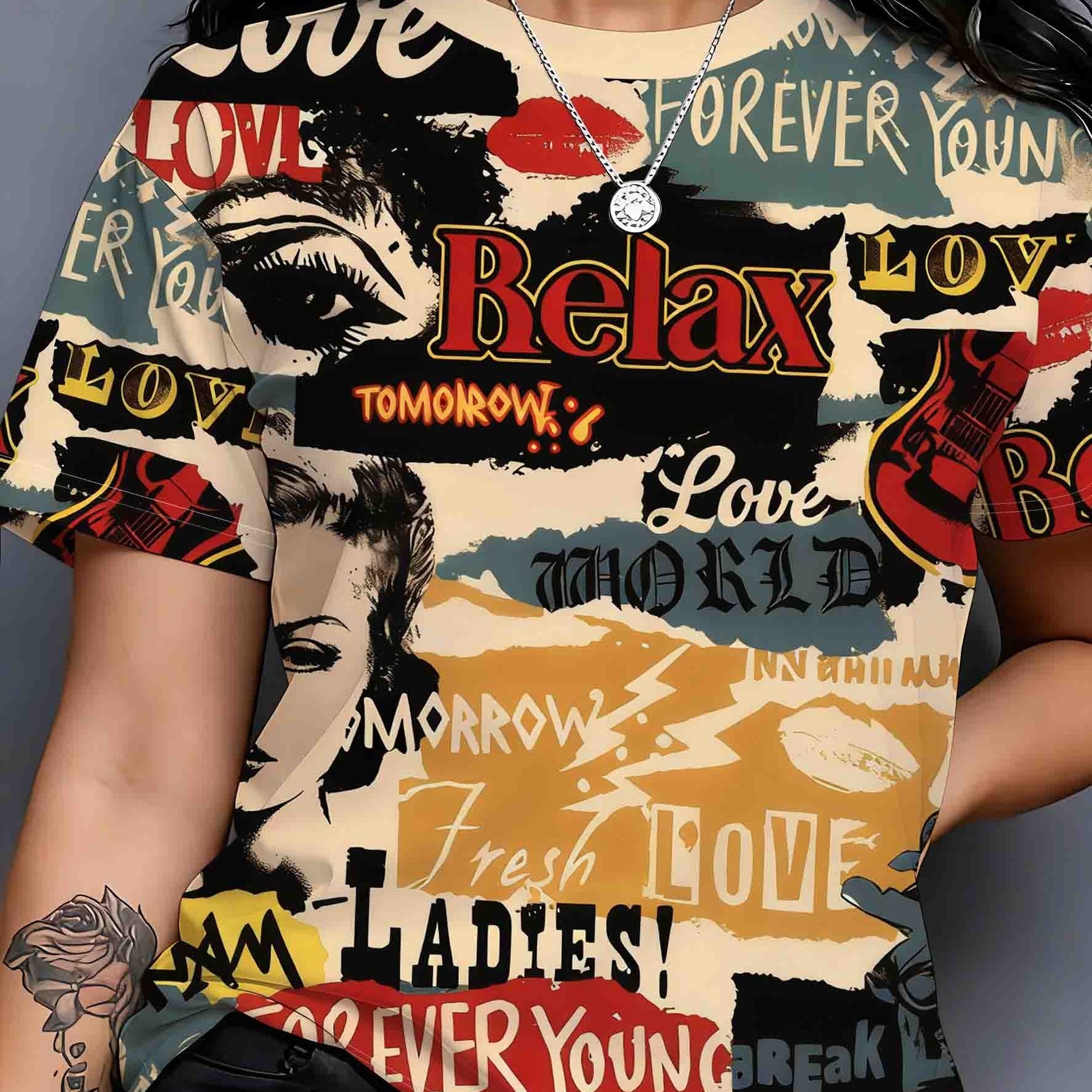 TEMU Distressed Graffiti Style Loose Short-sleeve T-shirt, Plus Size Women's Fashion Top, Women's Crew Neck Top, Women's /summer T-shirt, Versatile