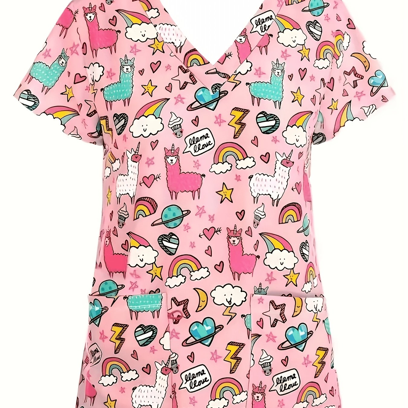 TEMU Nurse Uniform, Uniform, Work Uniform, Hand-washing Gown, Nanny Uniform, Women's Short-sleeve Uniform, Printed Short-sleeve Top, V-neck Top,