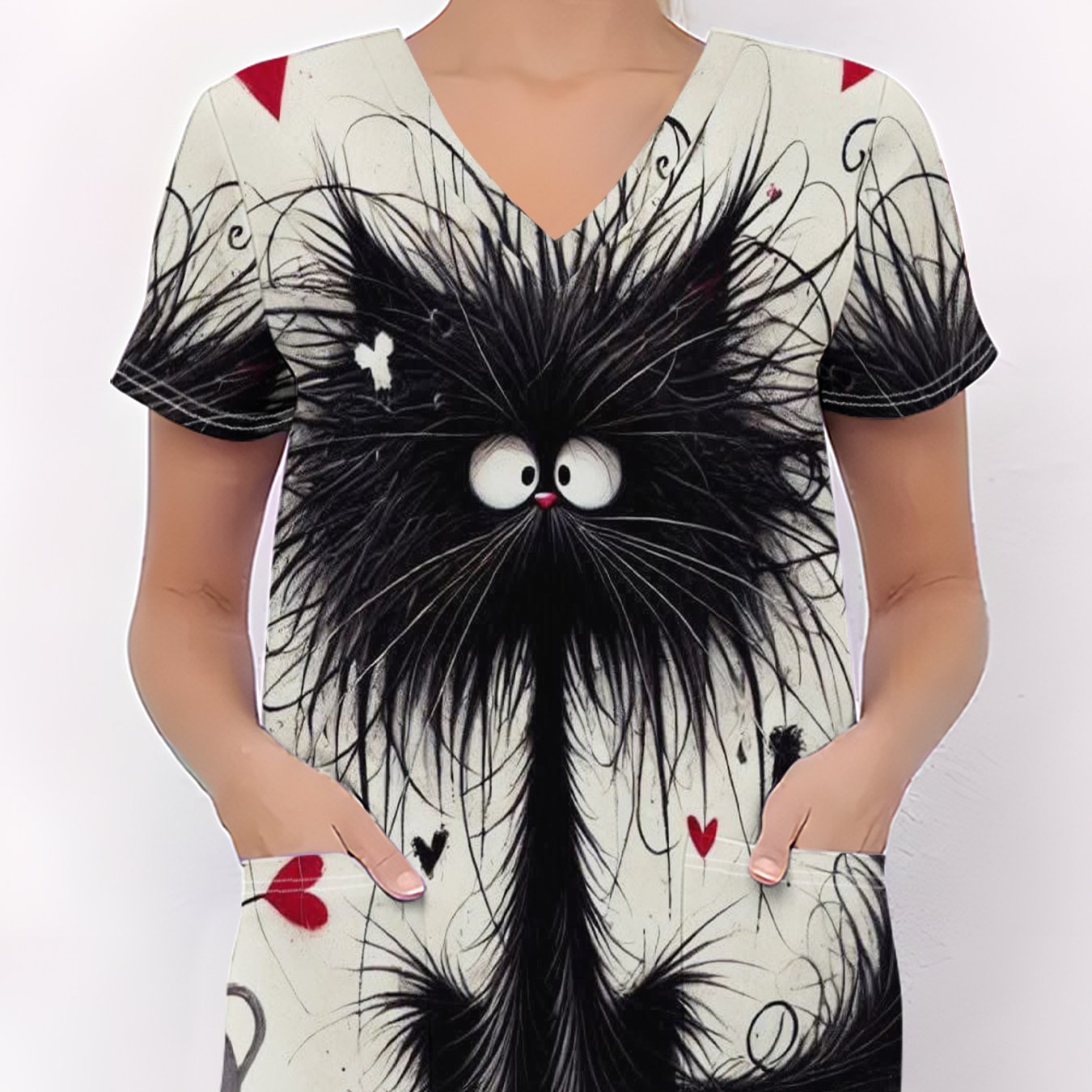 TEMU Women's V-neck Short Sleeve Uniform With Cute & Kitten Pocket - Breathable Nurse Scrubs Suitable For, Dental, Salon, Vet Uniforms - Comfortable