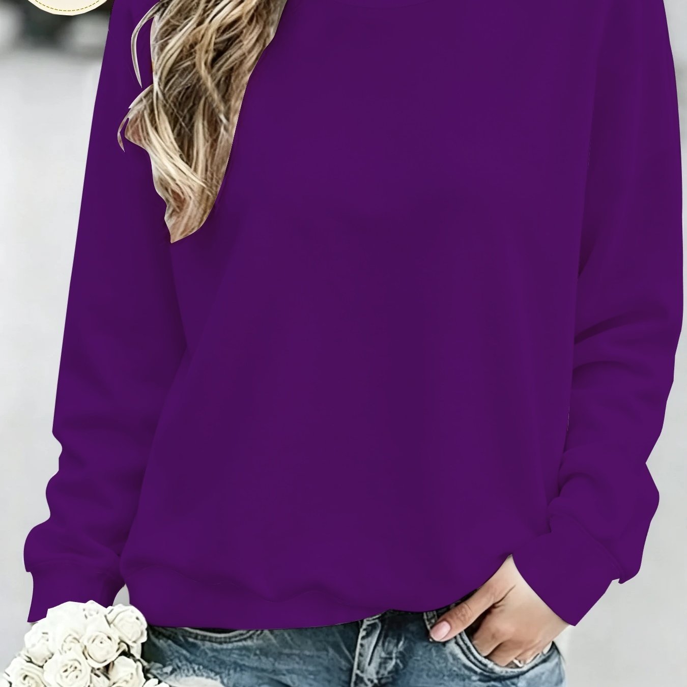 TEMU Women's Dark Purple Crew Neck Long Sleeve Sweatshirt, Autumn/winter Solid Color Pullover Top, Simple Basic Loose Fit, Soft And -friendly, Casual