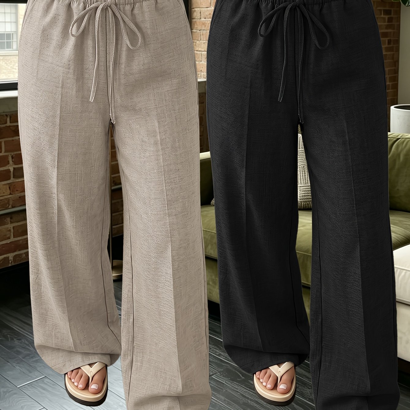 TEMU 2pcs Women's Casual Straight-leg Low-waist Pants, Autumn Women's Elegant Tie-waist Wide-leg Pants, Summer, Machine Washable, For Casual And