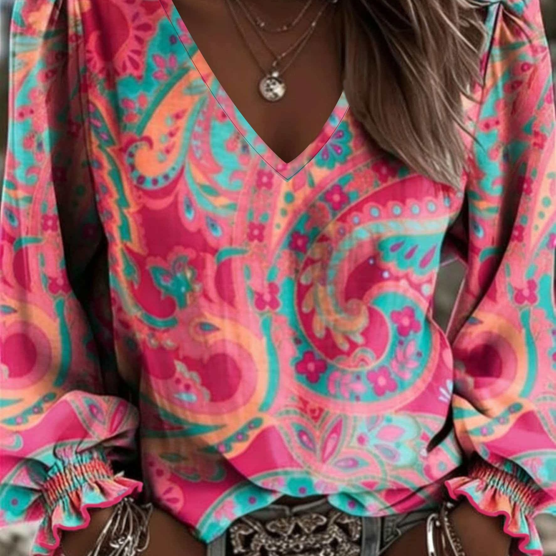 Women's V-neck Lantern Sleeve Top