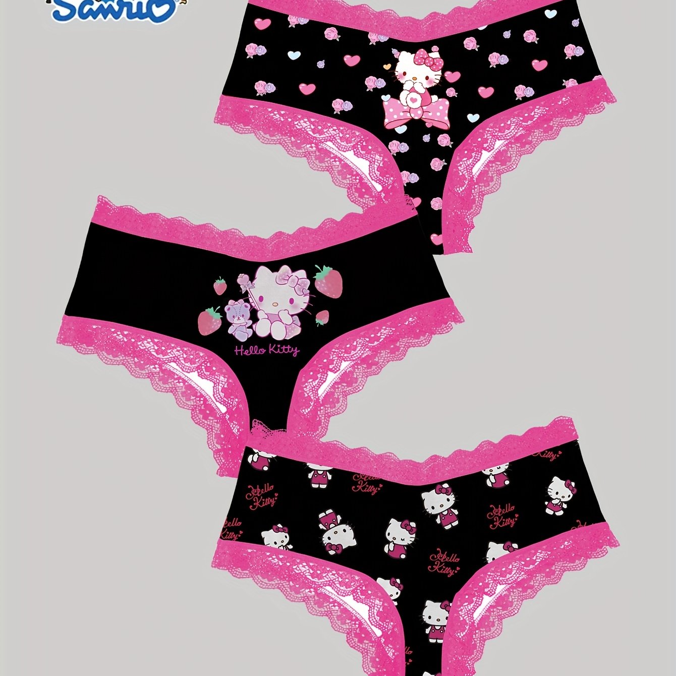 E-shop Sanrio für for hello kitty Damen-Slips - 3-teiliges Set mit Erdbeer- & Herzdrucken, niedlicher Cartoon-Design, mittlere Taille, weiches &