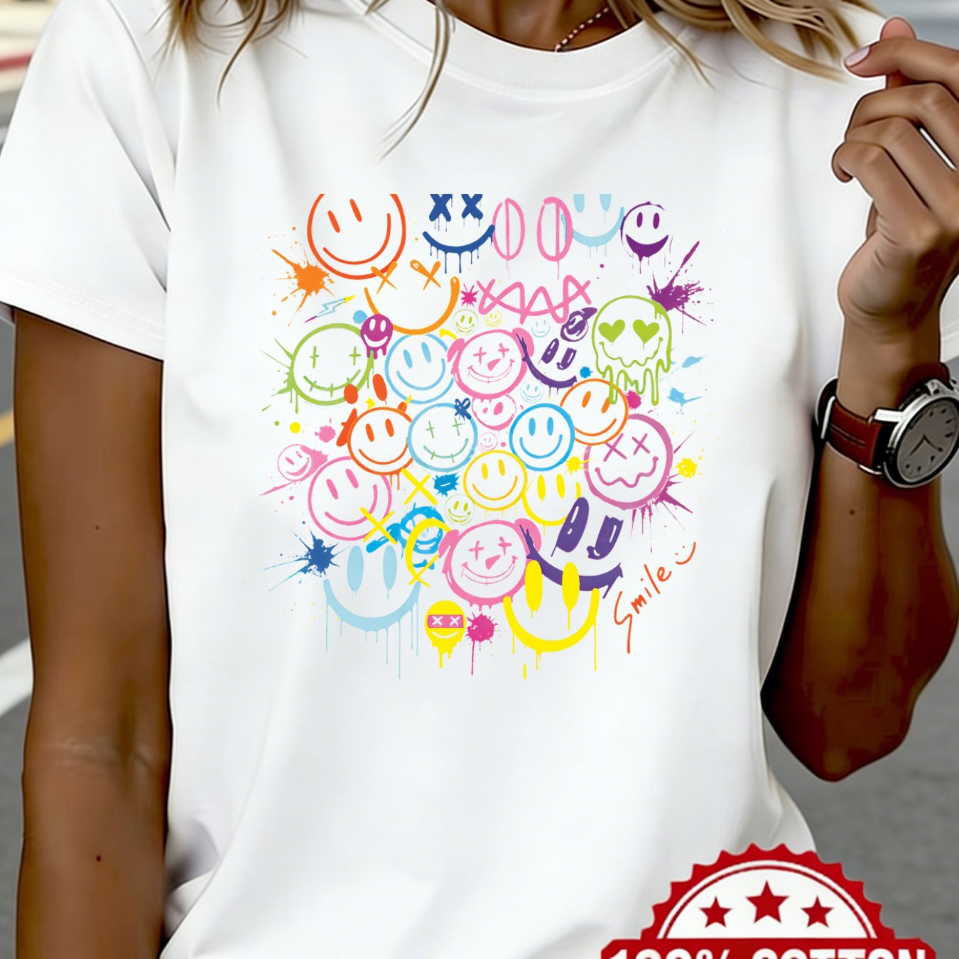 Image of Plus Size - 100% Women's T-shirt: Crew Neck, Short Sleeves, Loose Fit For And Casual Spring/summer Style - Fun, Colorful, Everyday Essential