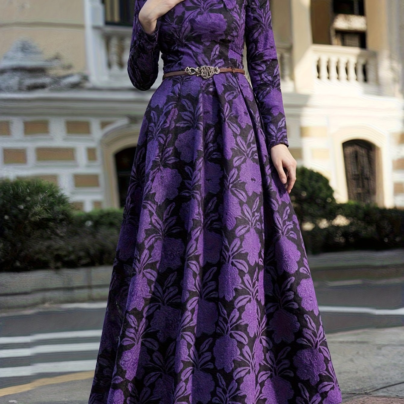 Autumn And Winter New Purple Elegant And Fashionable Style Flower Print Dress Round Neck Long Sleeved Waist Cinched Large Skirt For Parties, Dates And Outfits