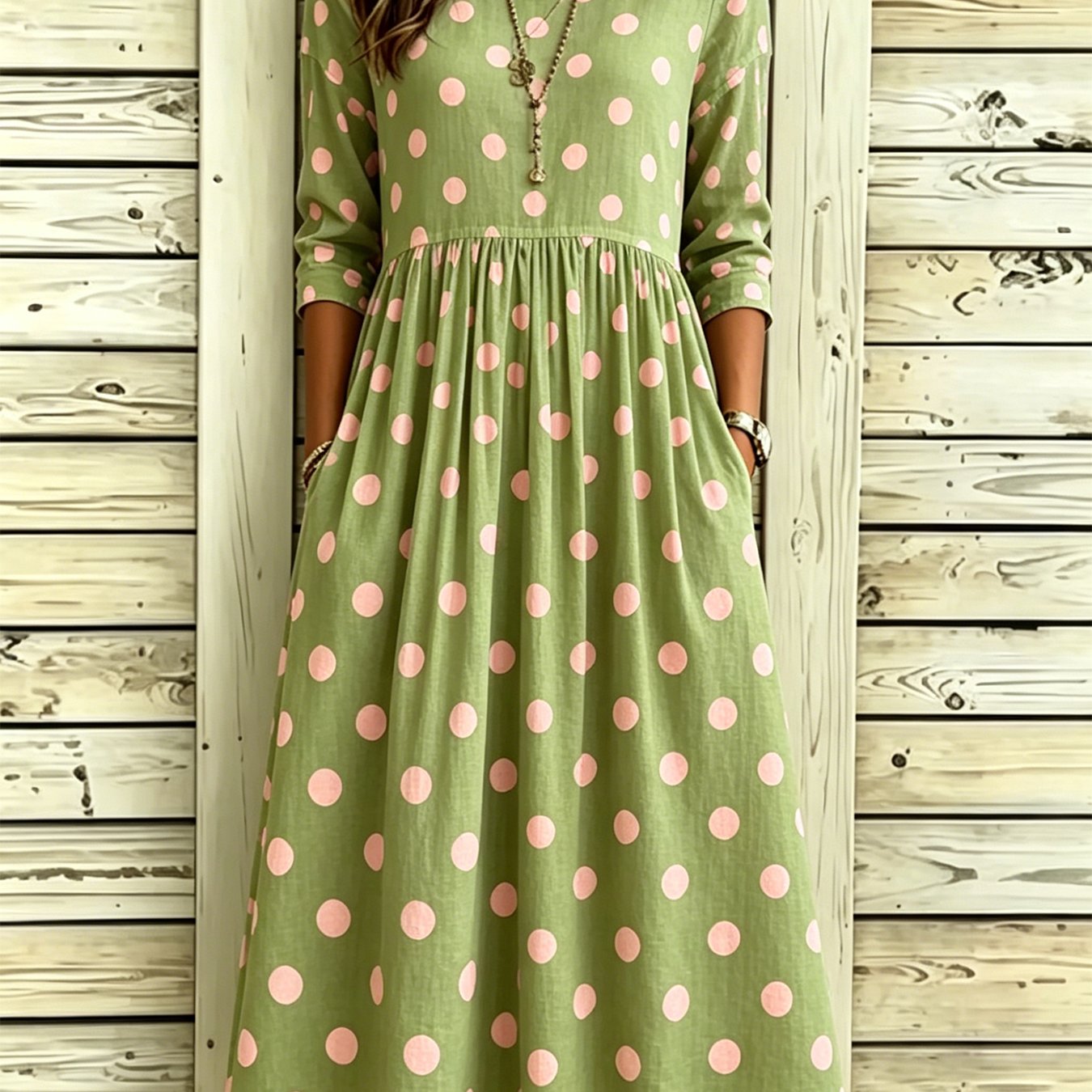 Women's Polka Midi Dress With Side Pockets - A-line Swing Dress Suitable For - Wear, Round Neck -line Silhouette, Machine Washable Casual To Dressy Outfits For,, Everyday (polka Print)