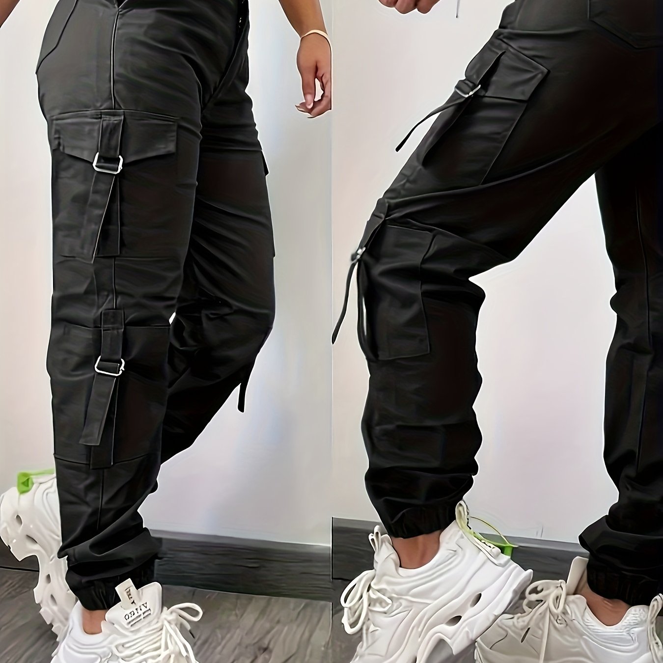 Image of Plus Size, Women's Plus Size High-waisted Pants With Pockets - Full-length Cargo Trousers, Soft Non-stretch Polyester, Beltless Design For Professional & Casual Wear, Elegant Solid Color ( Loose Fit)
