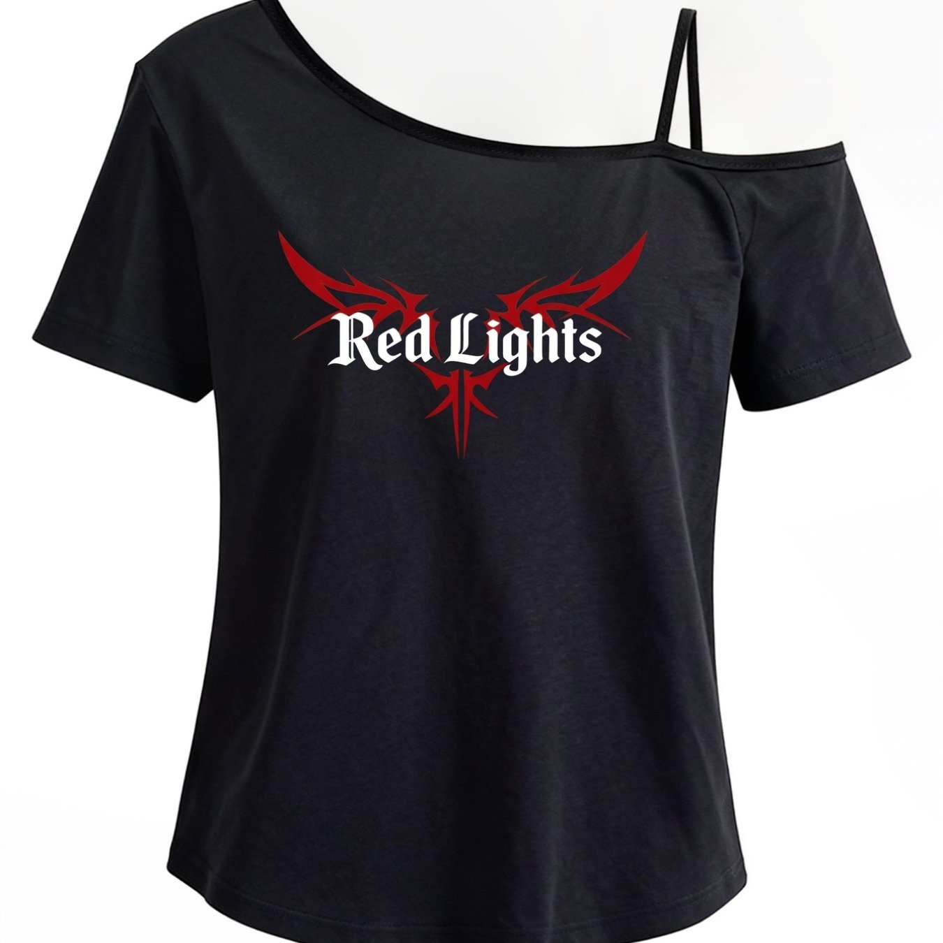 TEMU One-shoulder Short-sleeve T-shirt, Red Light, Print Fashion Top, Slanted One-shoulder Strap, Sexy Off-shoulder Fashion Style, Casual And