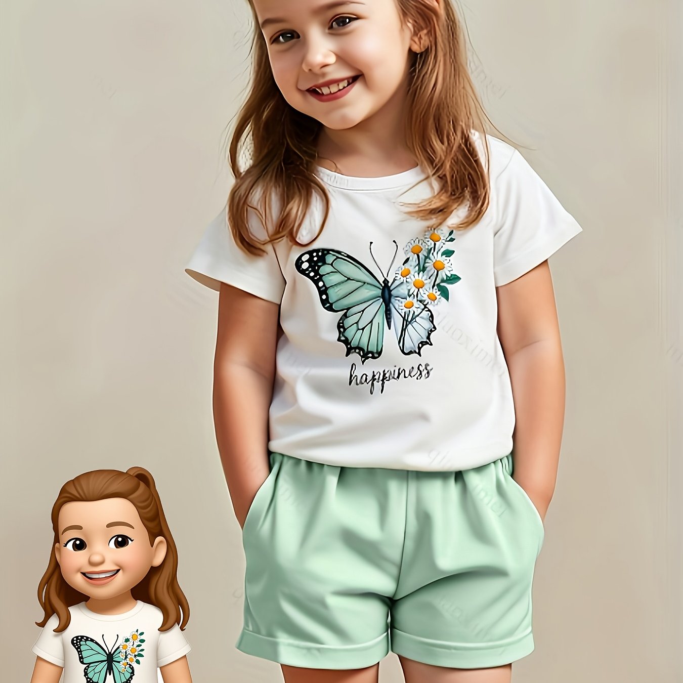 E-shop Mädchen 2-teiliges Sommeroutfit: Schmetterlingsdruck Kurzarmbluse & Uni-Shorts – 2-teiliges Matching Outfit mit Kurzarmtop & passenden Shorts,