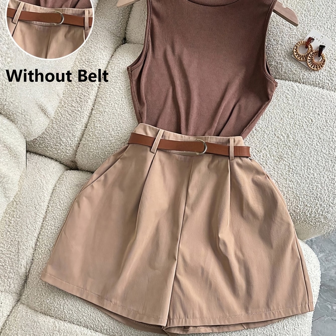TEMU Conjunto de 2 piezas de camiseta sin y shorts casual de moda para mujer, cinturón no incluido