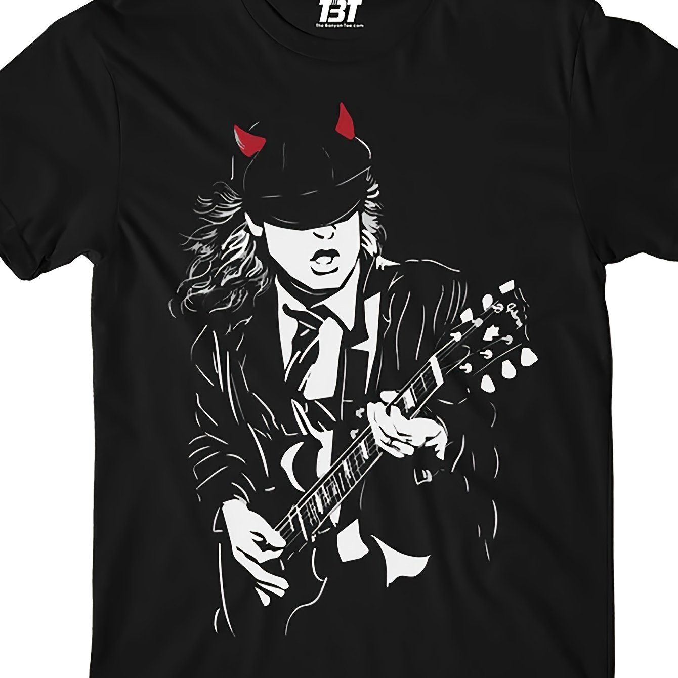 Plus Size Men's Short Sleeve T-shirt With Rock Band Guitarist Silhouette, Horns, , Casual Streetwear