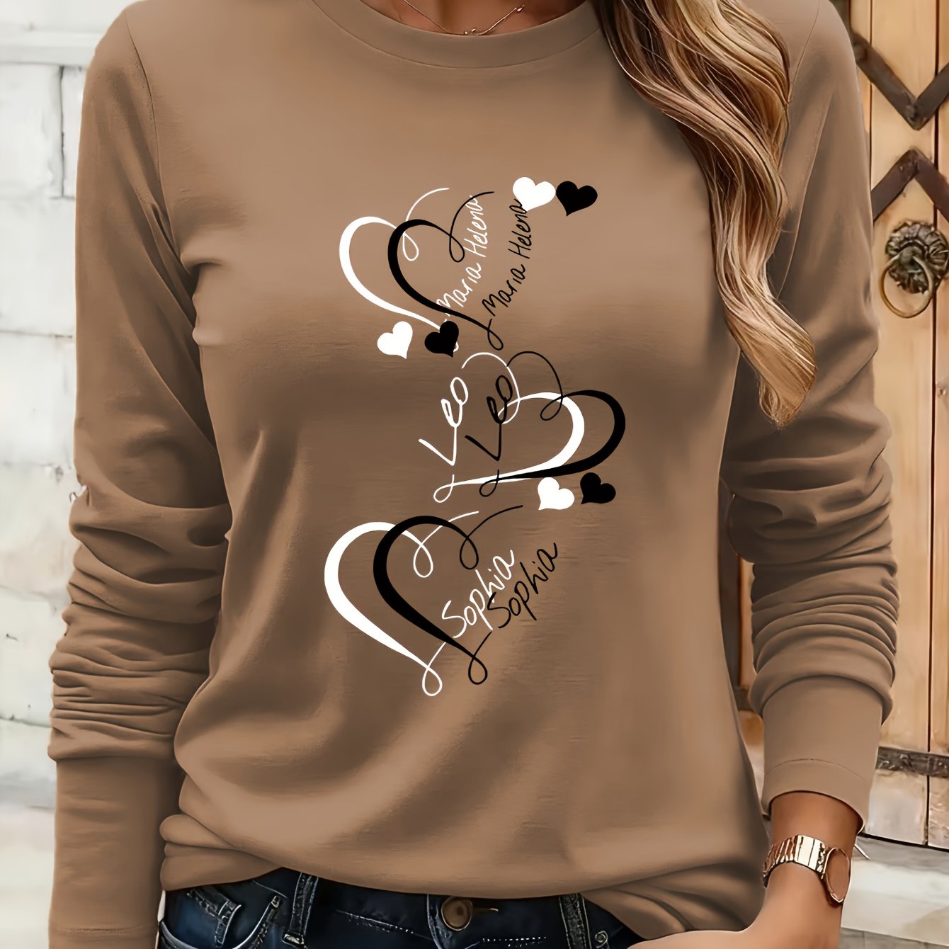 TEMU Haut à manches longues et col rond avec motif cœur, sweat-shirt décontracté pour femme, style , idéal pour et , lavable en machine, vêtements
