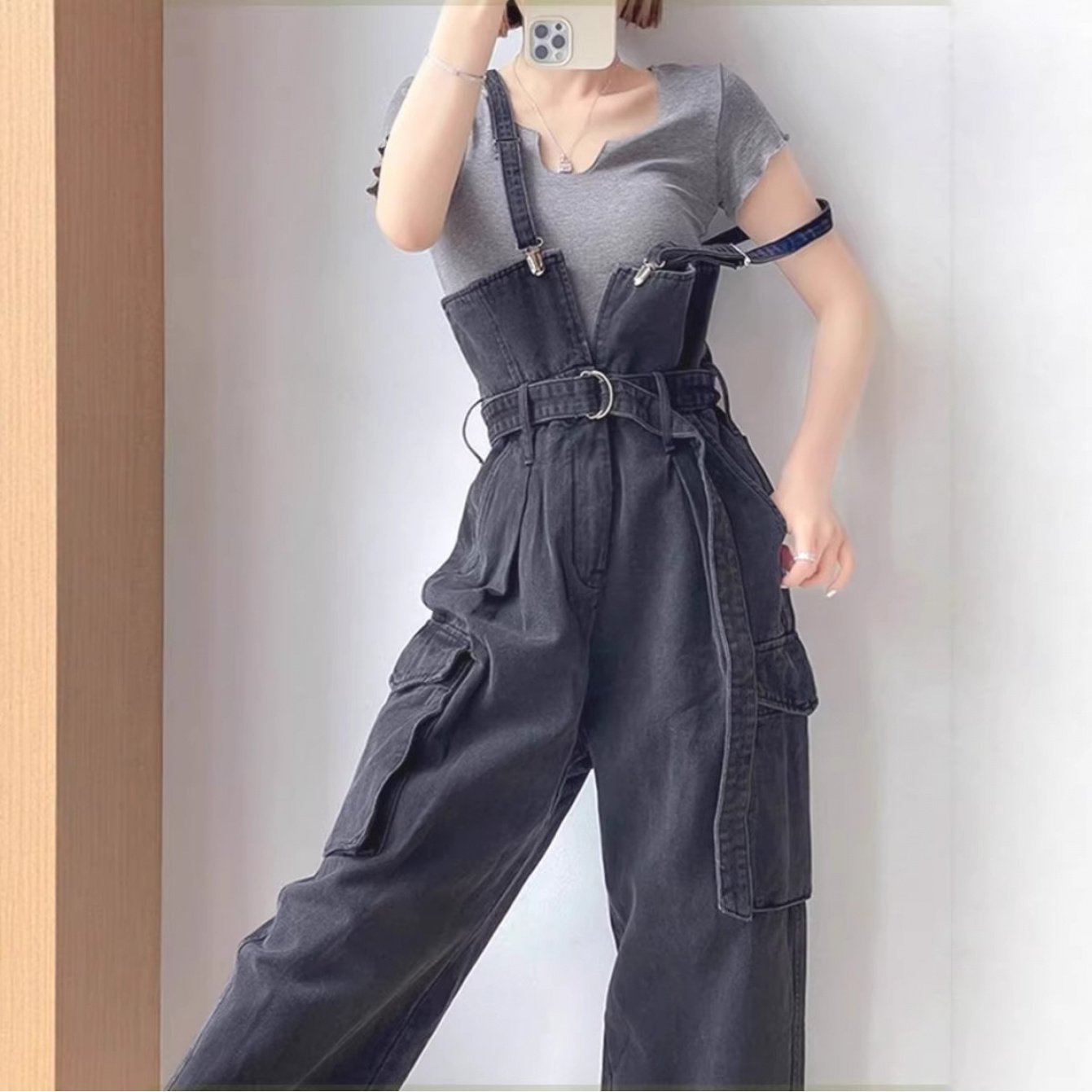 Image of Lady's Wide Leg Denim Suspender Women's Retro High Waisted Suspender Jumpsuit Pants