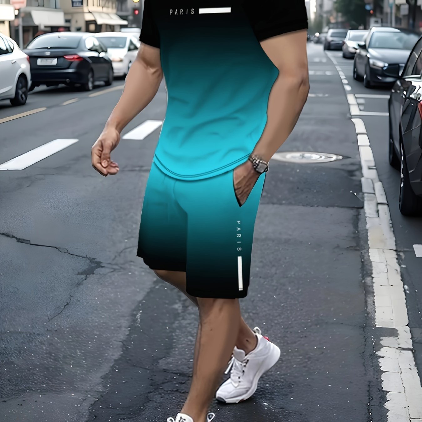 Kuva tulossa: TEMU Herren Zweiteiler-Set mit Rundhals Kurzarm-T-Shirt und Shorts mit Kordelzug, mit Farbverlaufsmustern und hochauflösendem Druck für lässiges Sommerkleid