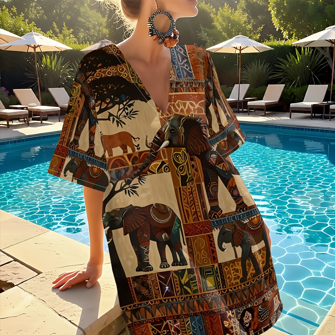 TEMU Women'-quarter Sleeve V-neck Dress, Animal Cover-up Beach Vacation Dress