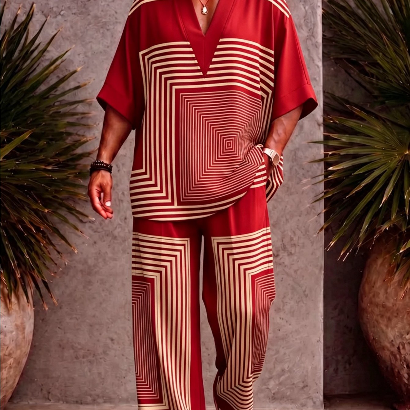 Men's 2pcs Casual Set: Geometric Square Stripe Print V-neck Short Sleeve Loose Shirt & Wide-leg Pants Vacation Set