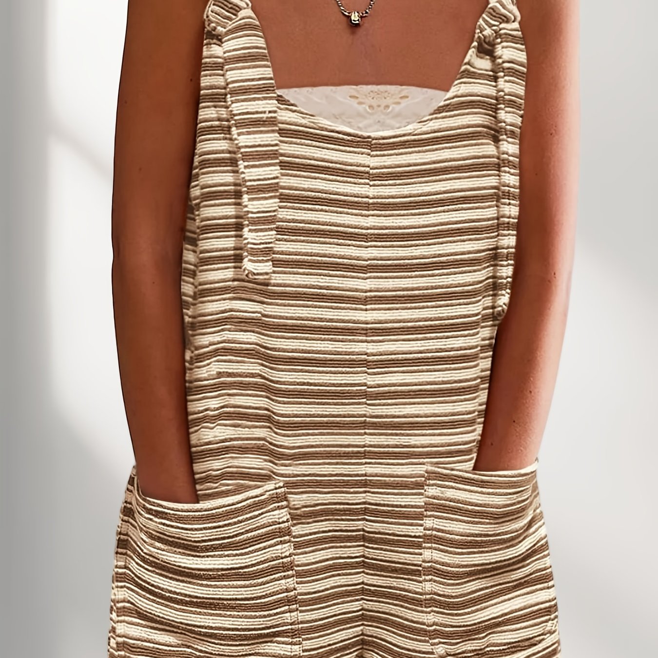 Image of Womens Summer Casual Sleeveless Romper | Loose Striped Tied Shorts Overalls Jumpsuit With Pockets, Strappy Back, Tie Front Detail, Regular Fit
