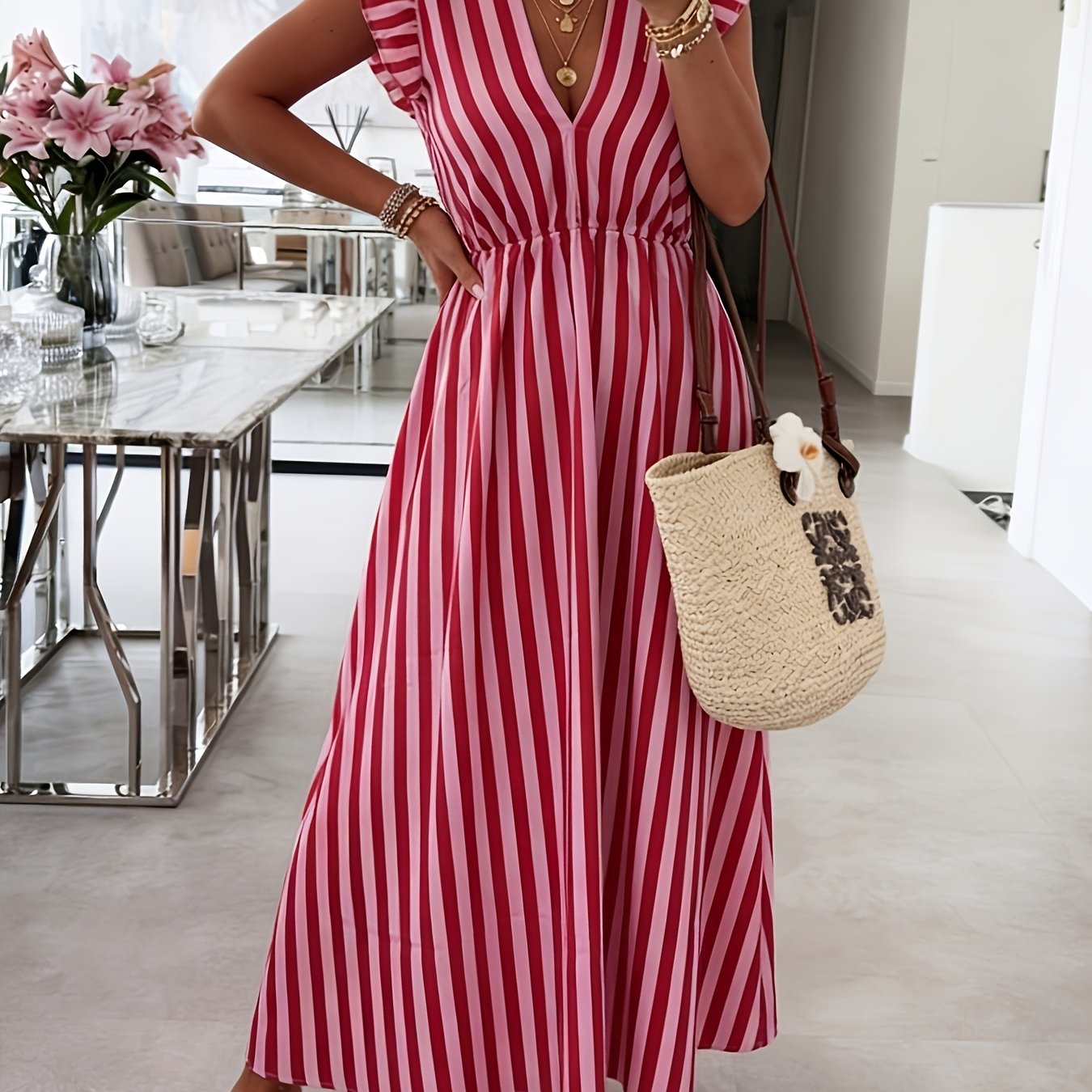 E-shop Elegantes gestreiftes Maxi-Strandkleid für Damen mit V-Ausschnitt - Ärmelloses A-Linien-Kleid mit Reißverschluss hinten, voluminöse A-Linie,