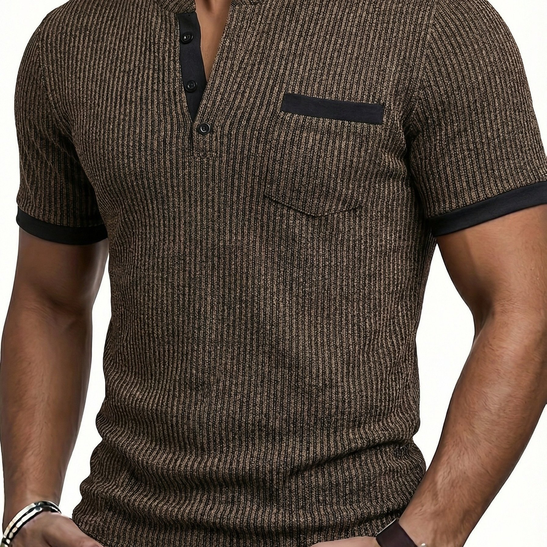 E-shop ROYALBOY Frühjahr Neu Herren Casual Mode Strukturierte Gestreifte Henley-Shirt - Kurzarm, Stehkragen, Ideal für Freizeit Outdoor,