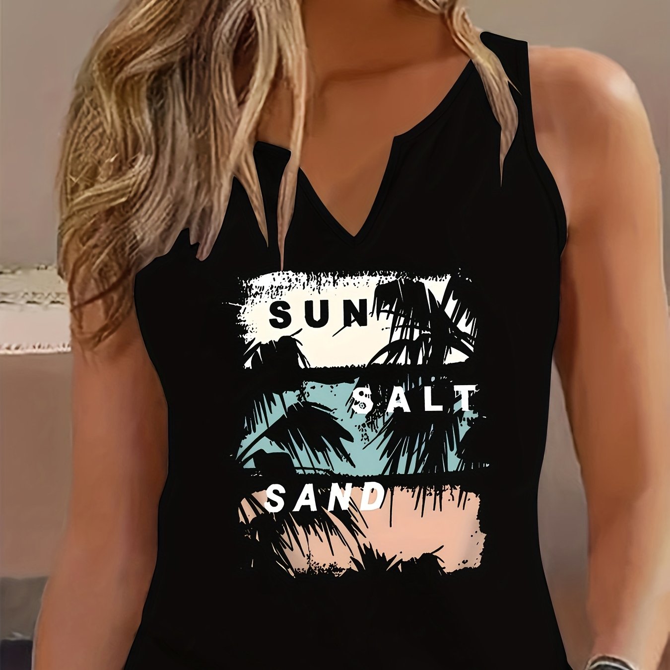 TEMU Letter Print Tank Top, Sleeveless V Neck Casual Top For Summer & Spring, Women's Clothing