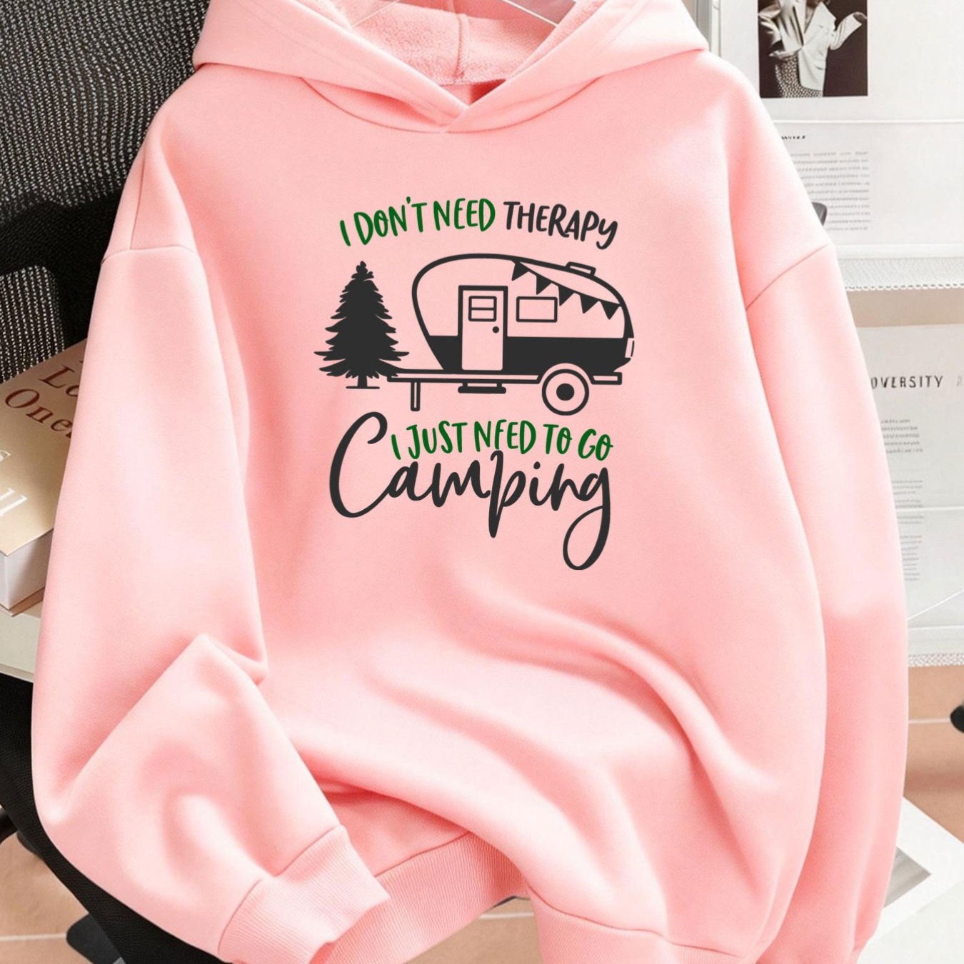 TEMU Plus Size 1pc Fashion Women's Autumn/winter Warm Hooded Sweatshirt, Elegant And Beautiful Y2k Style And Pine Tree Pattern, Fun Camping Theme