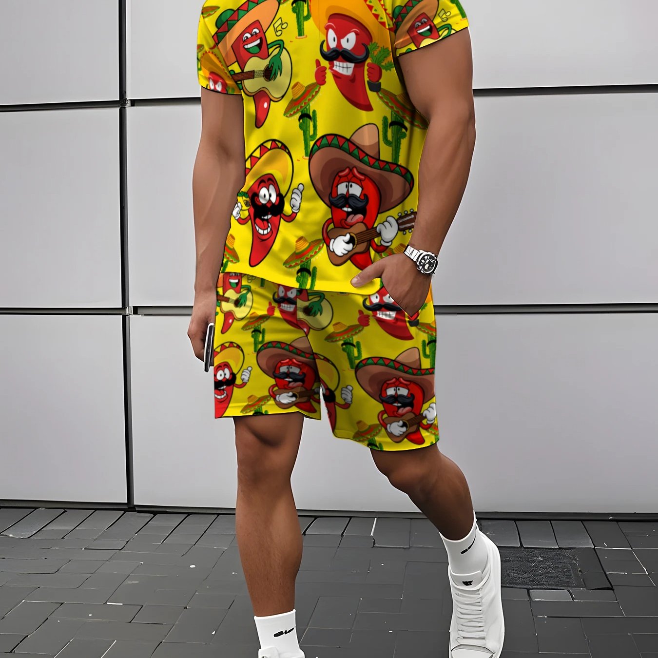 TEMU Men's Cartoon Print Short Sleeve And Shorts Set, Summer Casual Fashion Athletic Two-piece, Unisex Trendy Outfit, Yellow Fun Pattern Loungewear