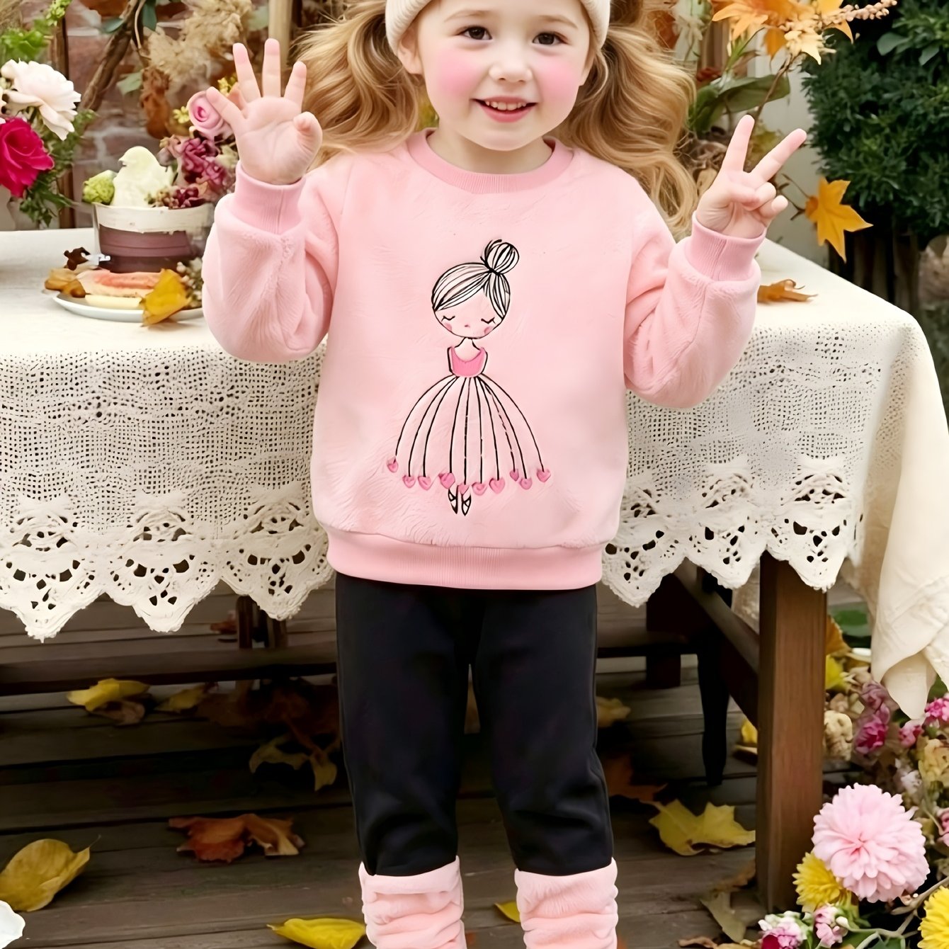 Image of Autumn/winter Girls' Embroidered Round Neck Fuzzy Top And Leggings 2pcs Casual Set, Stylish, Perfect For Outdoor