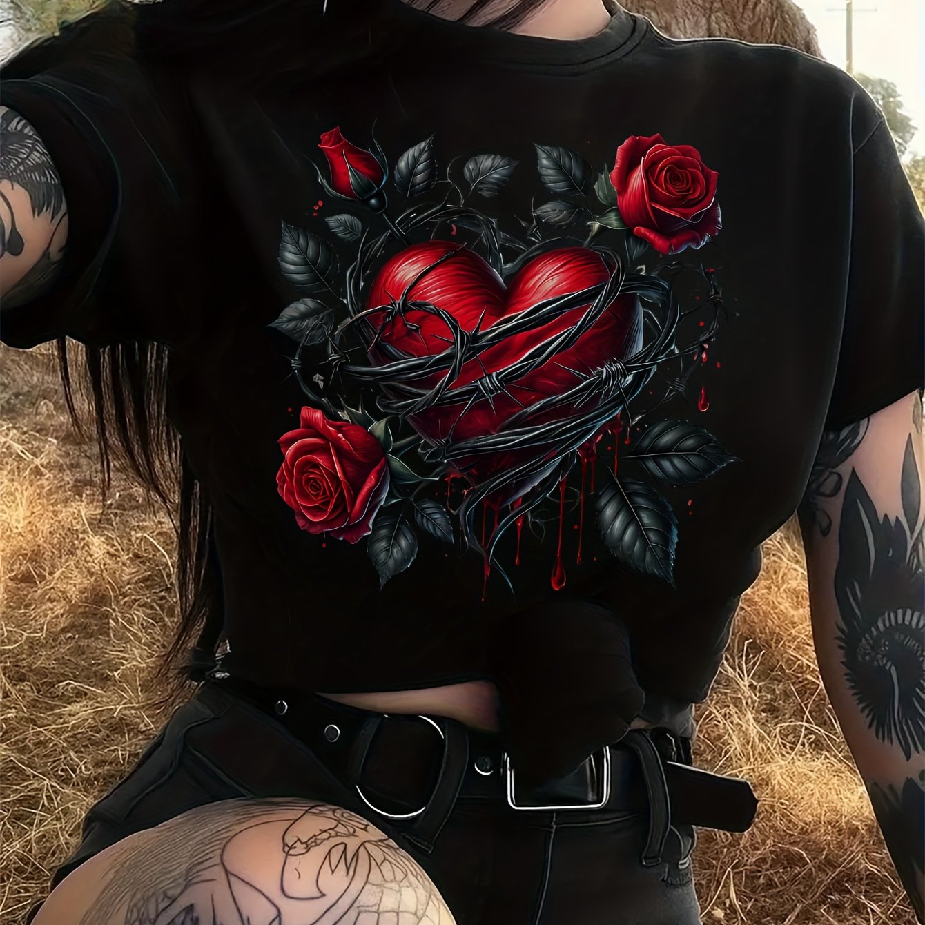 Image of Black And Red Rose Printed Gothic Heart T-shirt For Women Featuring A Thorn And Batwing Design. This Casual Summer Top Has A Round Neck And Short Sleeves