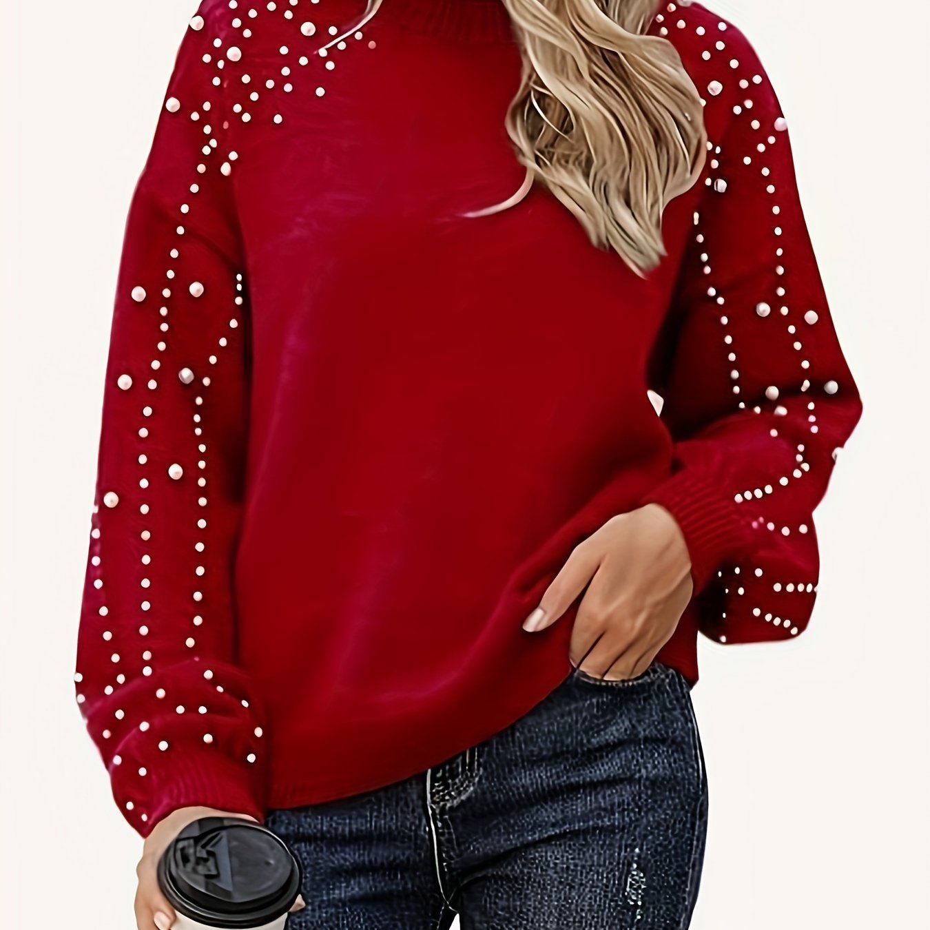 Plus Size - Plus Size - Plus Size Random Beaded Round Neck Casual Versatile Long Sleeve Sweater