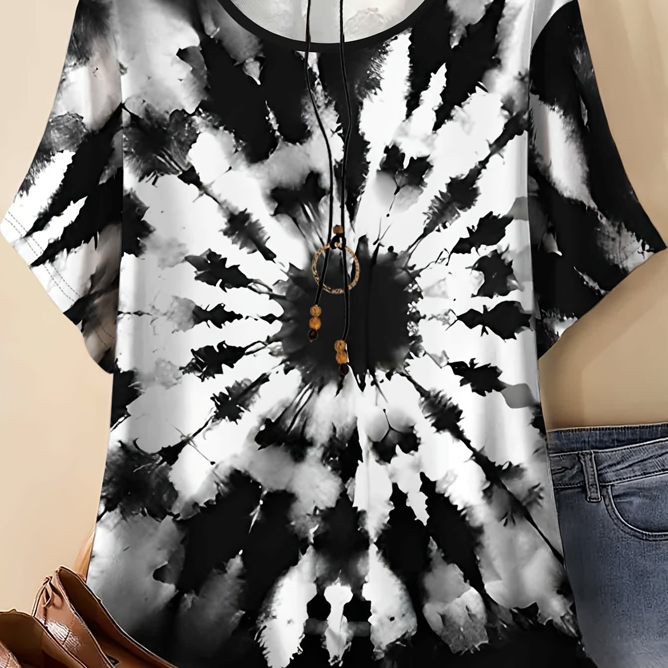 TEMU Dames Plus Size Tie-Dye Korte Mouw T-Shirt, Nieuwe Zomer Losse Pasvorm Top, Modieus Veelzijdig Casual Trendy Zwart-Wit Ombre Design